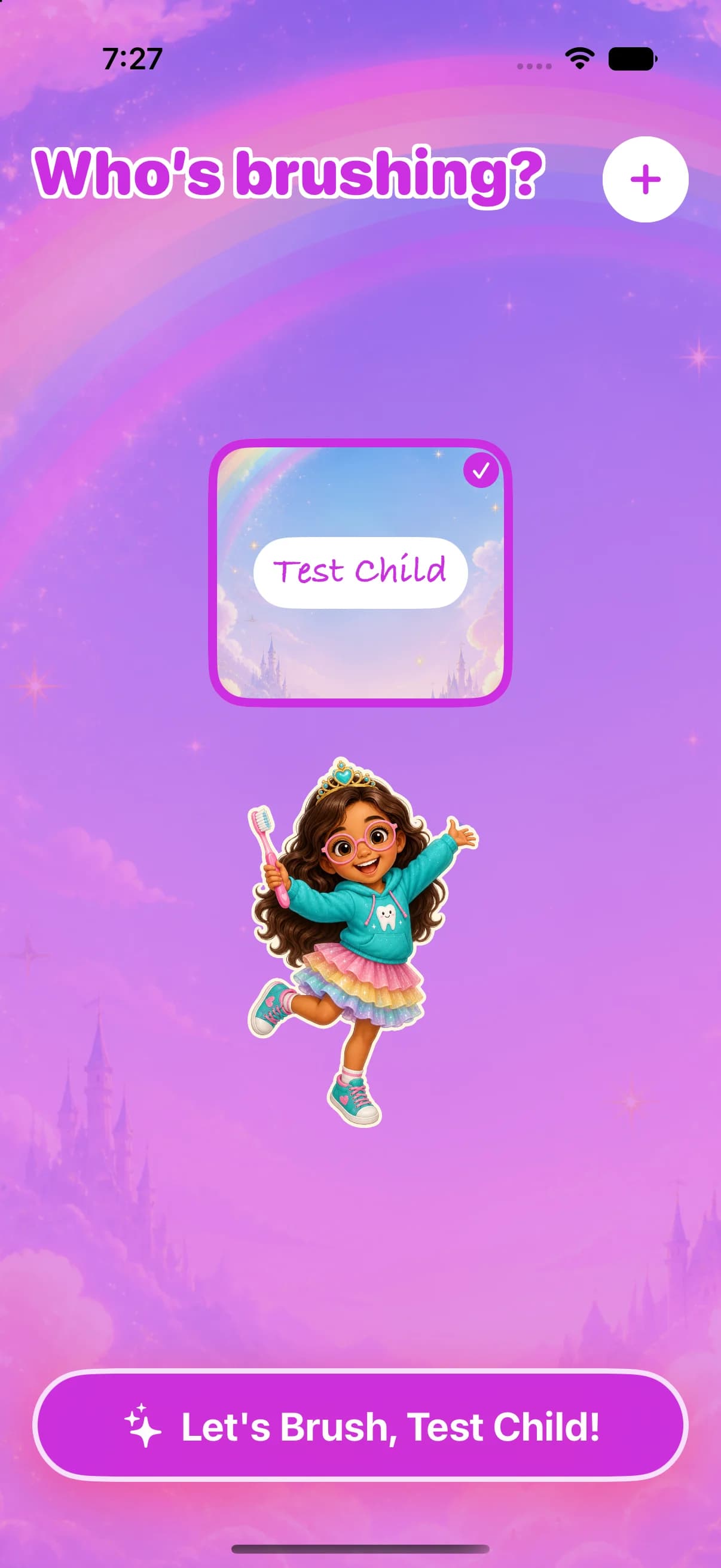 Brushie app showing a child profile with Marley the brushing mascot